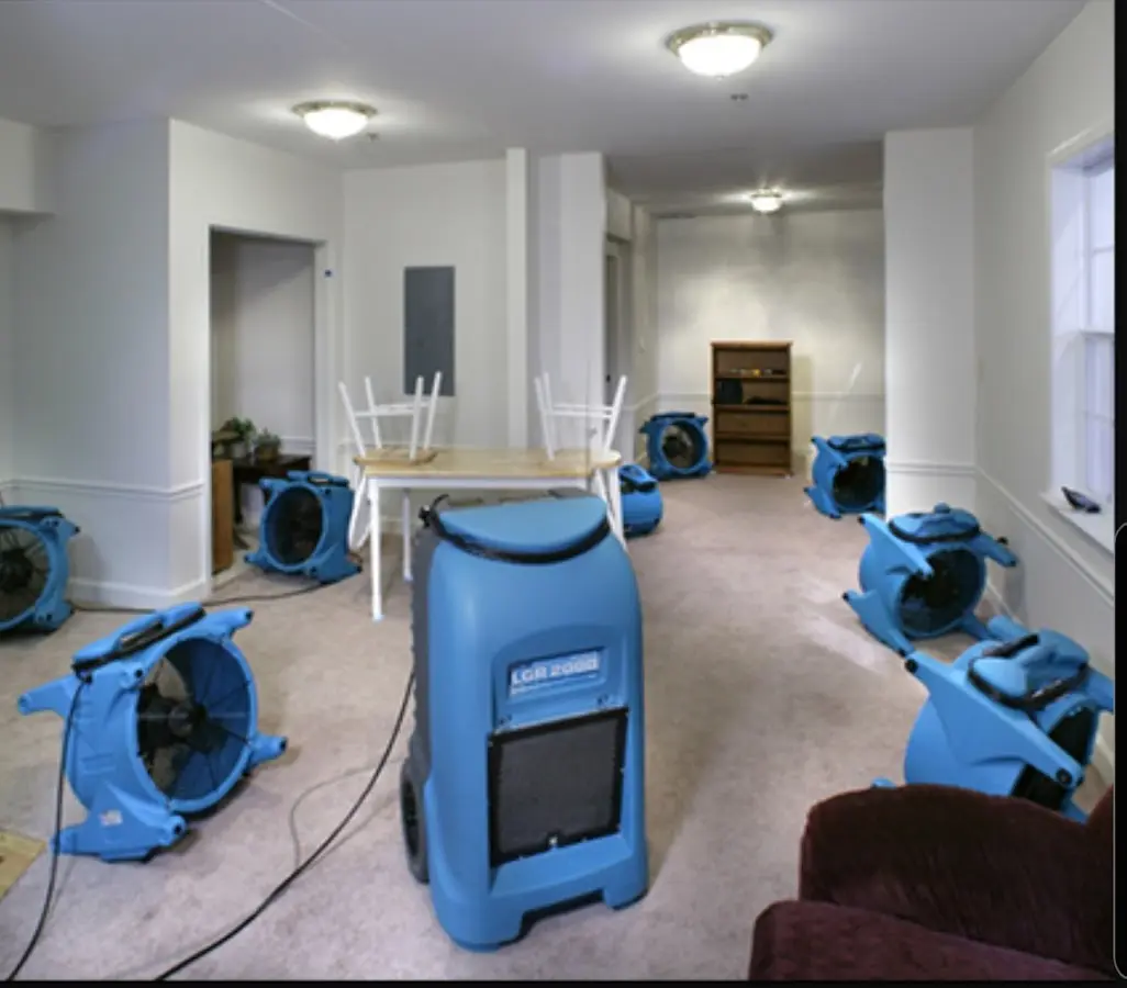 Air movers and dehumidifier setup for Water Damage Restoration in Hilliard